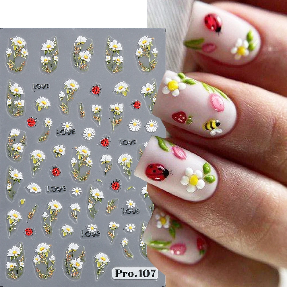 Daisy Ladybug Nail Stickers Bee Flowers Butterfly Charms Nail Decals  Summer Cherry blossom Florid Art Manicure Decors GLPro.107