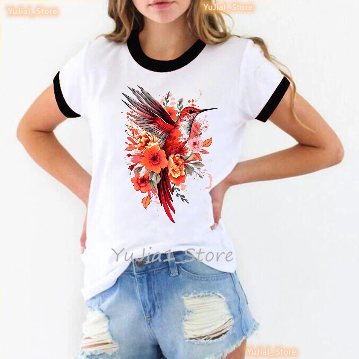 

2024 Newly Arrived Women'S T-Shirt Watercolor Camera Cuckoo Bird Animal Print Fashion Kawaii Shirt Bird Lover Print Tshirt Femme