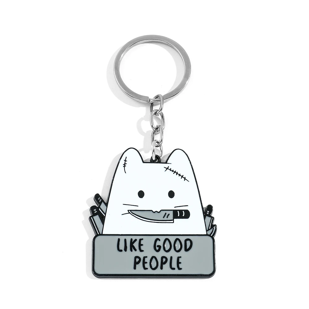 Cartoon White Cat Enamel Metal Badge Keychain Knife Animal Funny Humor Drop Shipping Jewelry Women Kids Gifts Custom Wholesale