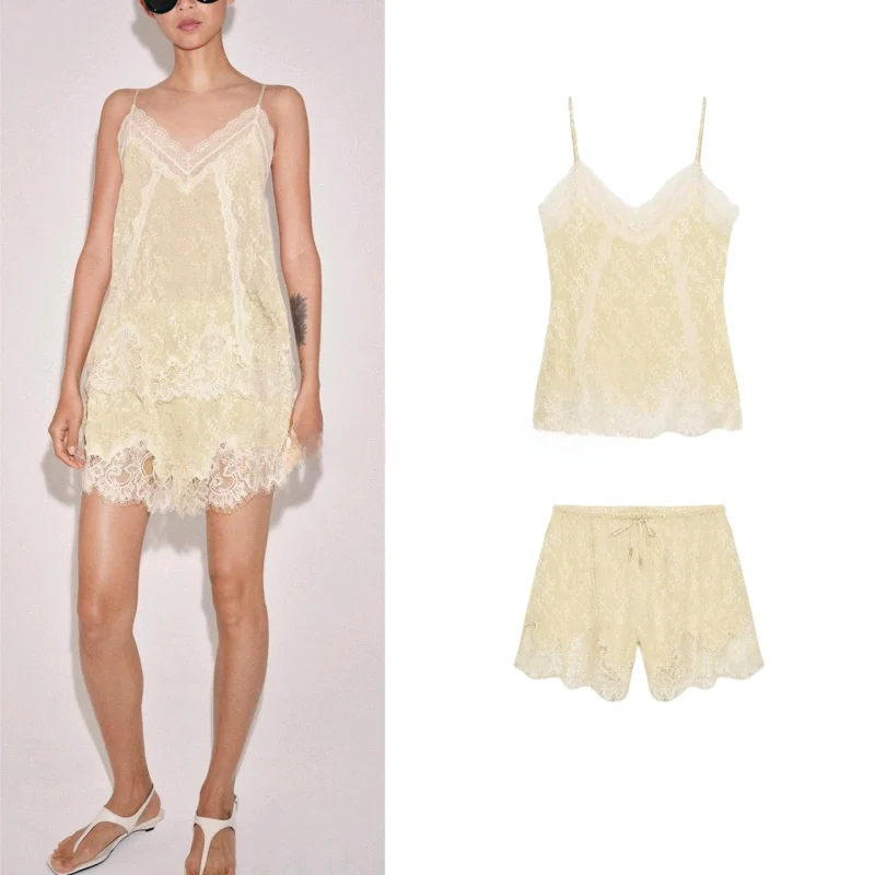 

round Neck Sleeveless Lace Knot Waist Short Pants Women's Fashion Set Spring Season China Origin No Brand Registered