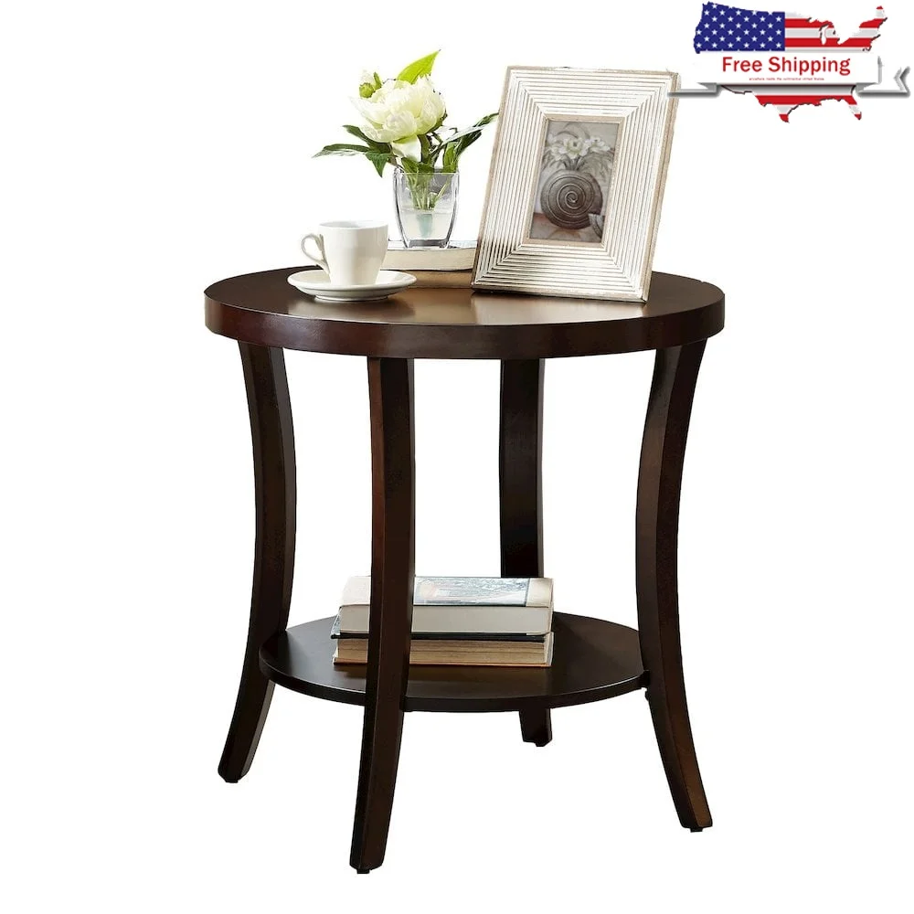

Contemporary Round Wood End Table with Shelf Espresso Finish Indoor Living Room Storage Birch Veneer Display Space