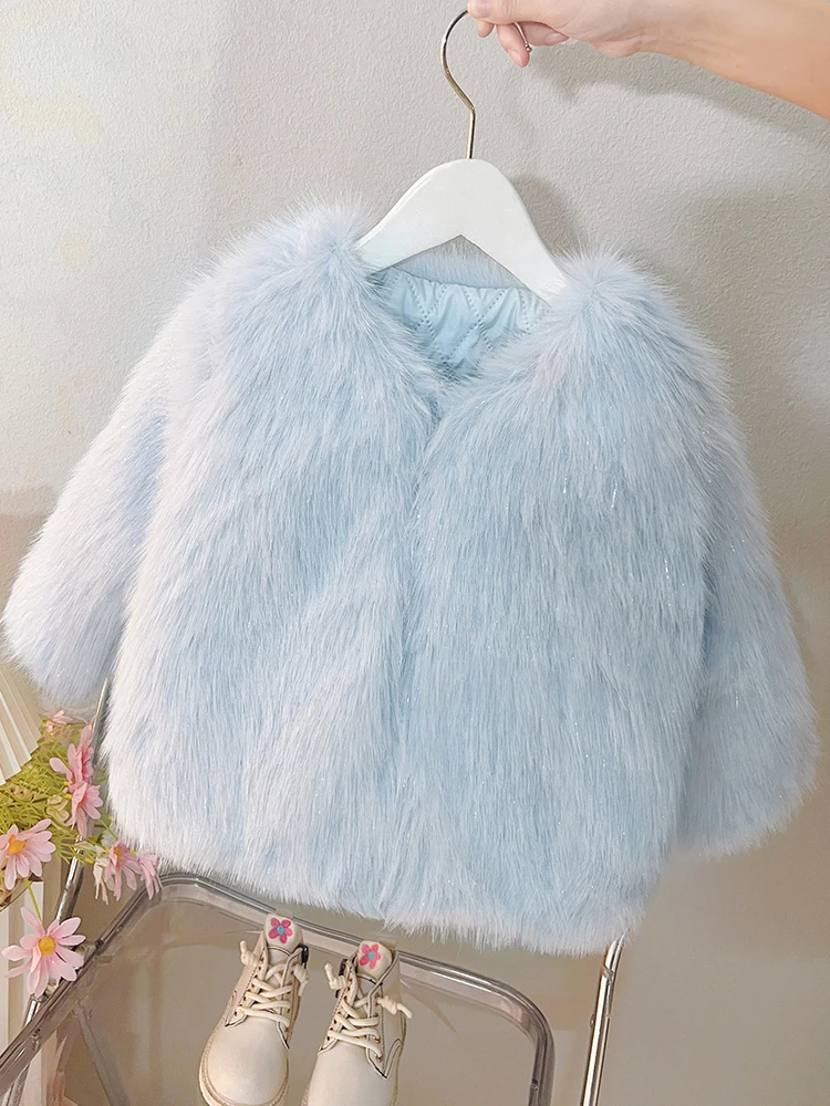 

Теплая хлопковая внутренняя двухцветная меховая куртка для маленьких девочек, прямая одежда Sweet Sle, длинный круглый топ