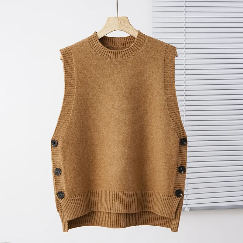 #3935 Asymmetrical Sweater Vest Women Side Buttons Knit Pullover Vest Round Neck Outerwear Short Knitwear Vest Femme Solid Color