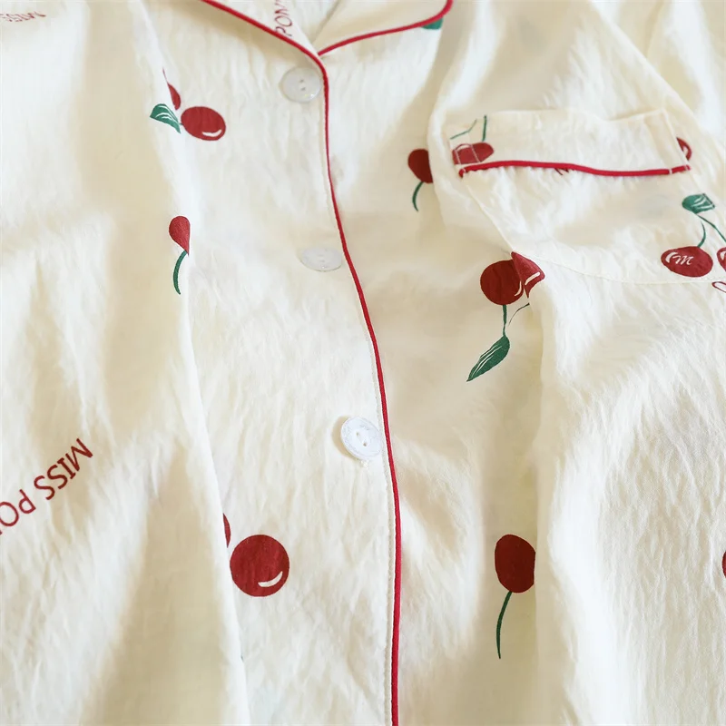 Cherries Print Two Pieces Pajamas Set Autumn Faux Cotton Pajamas Korean Fashion Home Clothes Ladies Pants and Top Set Pijamas image 6