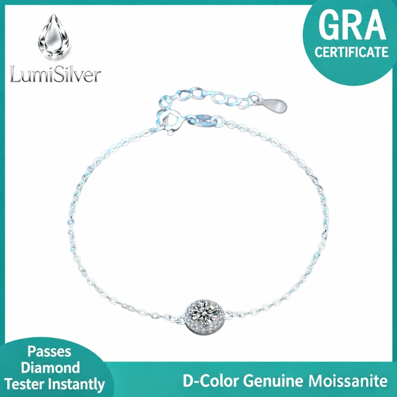 Round Halo D Color Moissanite Bracelet 925 Sterling Silver Adjustable Dainty Minimalist Gift for Women