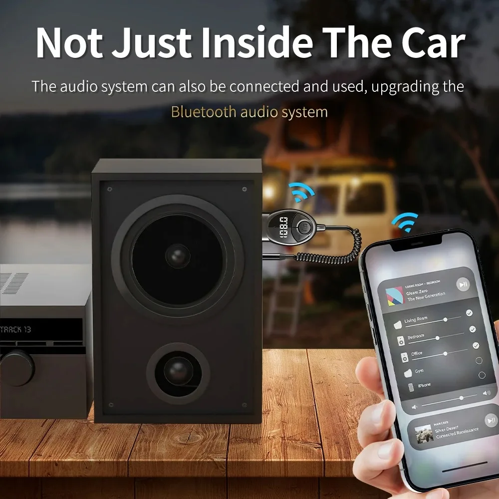 Receptor de áudio do carro FM com microfone, adaptador sem fio, Bluetooth 5.3, USB, 3,5mm AUX, chamada handsfree