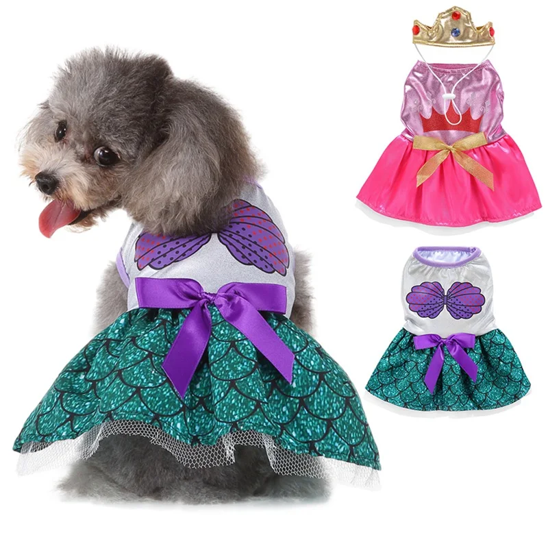 Dog Dress Halloween Mermaid Princess Dress Printed Skirt Christmas Costume Festival Cosplay Clothes Hat Pet Cat Chihuahua Outfit