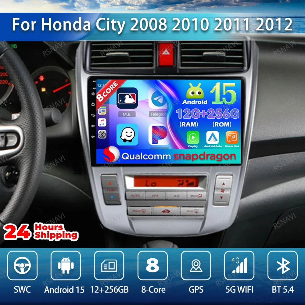 Radio de coche Android 15 para Honda City 2008 2010 2011 2012 2013 unidad principal de autoradio estéreo Multimedia Qualcomm 5G WIFI QLED GPS BT