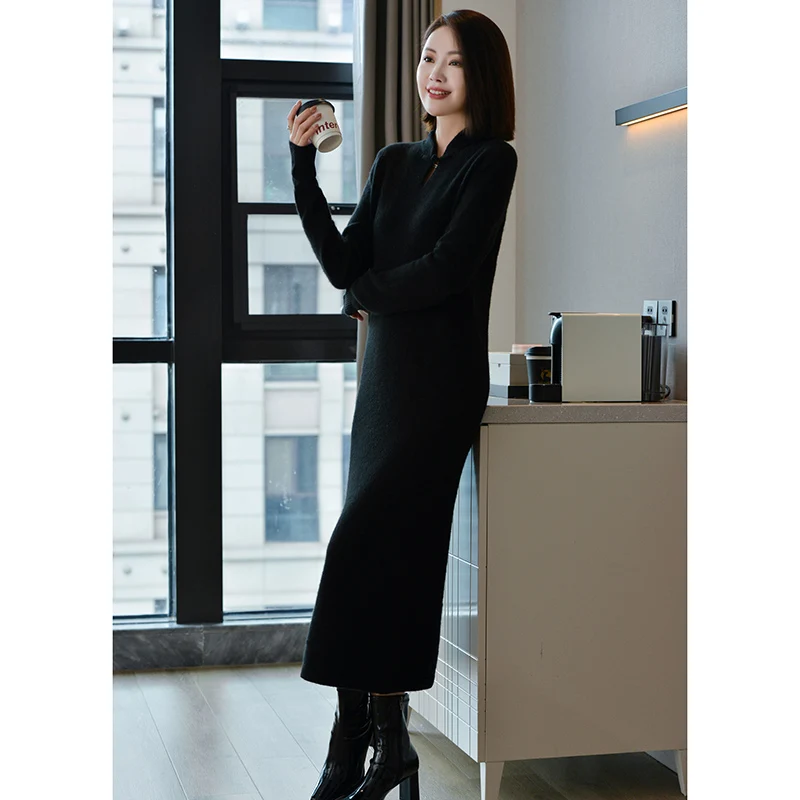 Cashmere sweater long autumn/winter new 100% pure wool pullover casual knitted stand collar Tops ladies fitted long skirt