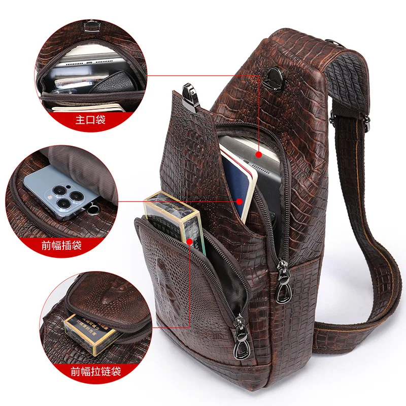 Crocodilo Couro Genuíno Sling Bag Crossbody Mochila Mens Ombro Peito Pack Daypack Cross Body Messenger Bags para Homem