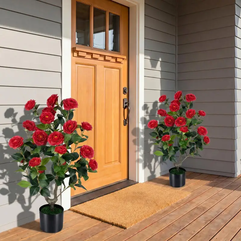 Paquete de 2 Árboles de Camelia Artificiales, Planta de Flores Artificiales en Maceta Rellena de Cemento - Rojo