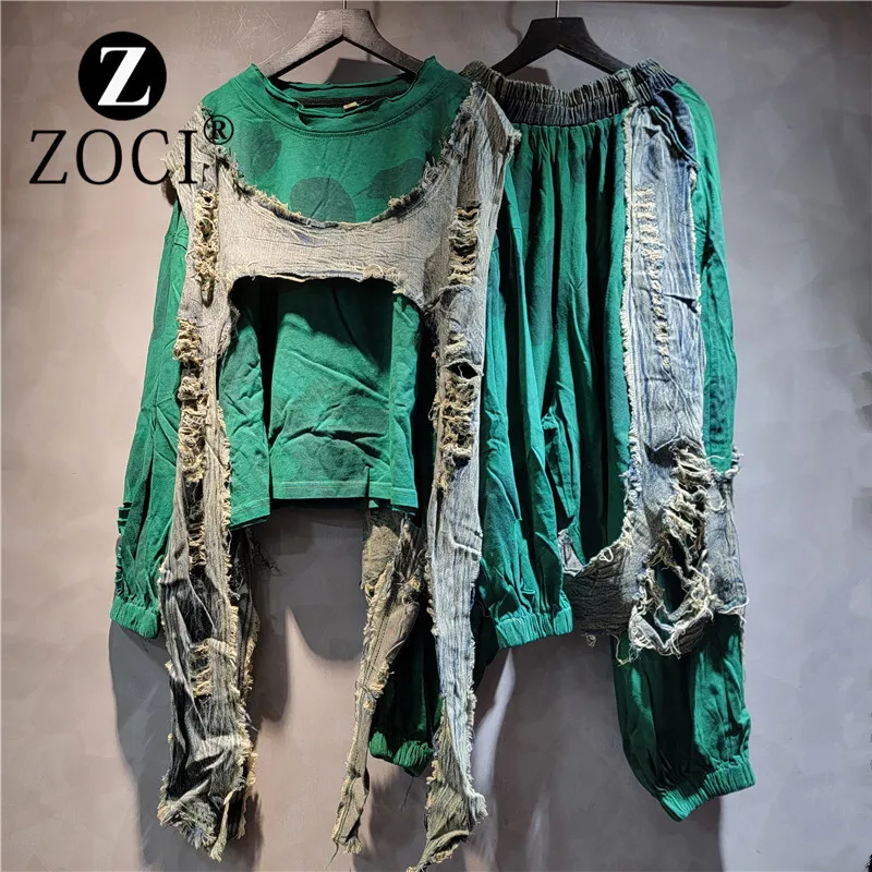 [ZOCI] Personalized Trendy And Fashionable Set For Autumn 2024, With A Design Sense Of Patchwork Denim, Worn-out