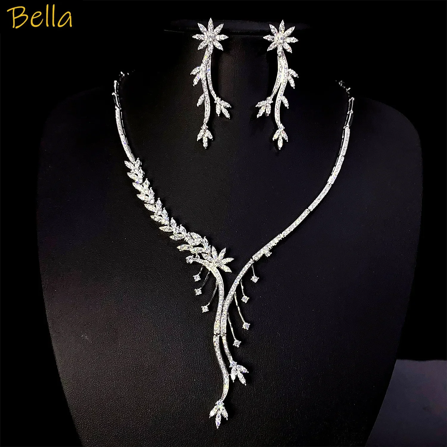 

Wedding Jewelry Sets Necklace Earrings Long Tassel Leaf White Zircon Jewelry Dinner Party Banquet Accessories Engagement