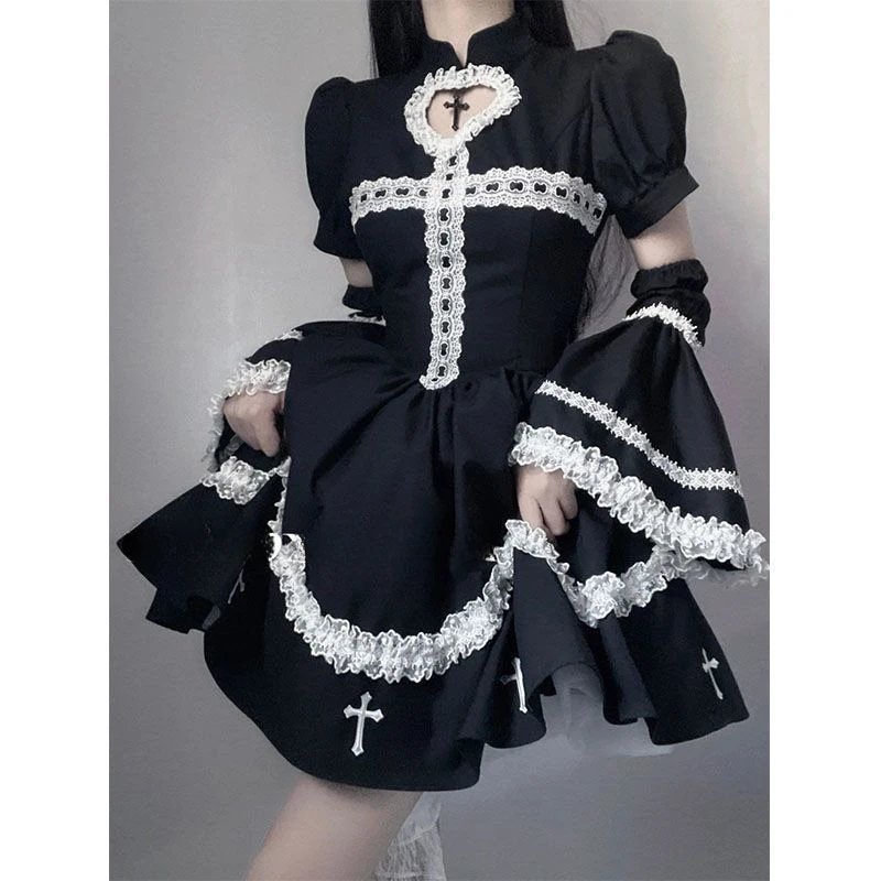 Fashion Japan Lolita Patchwork Lace Appliques Harajuku Dresses Y2k Aesthetic Hollow Out Slim Vintage Dress Streetwear Clothes