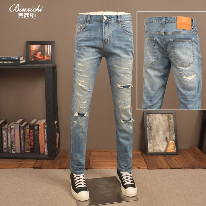 2025 Модные синие рваные джинсы в стиле ретро, мужские эластичные модные уличные классические брюки с маленькими штанинами