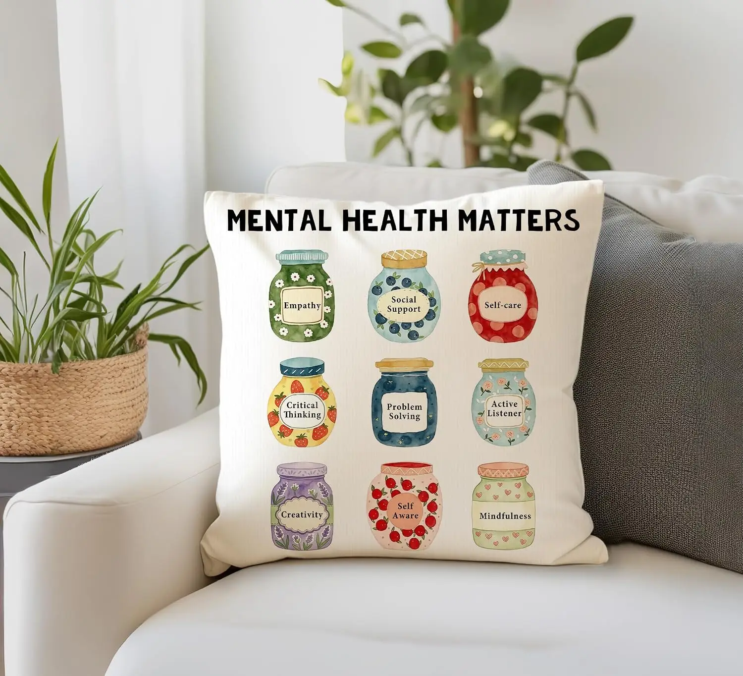 Aesthetic Mental Health Self Care Pillowcase Watercolor Home Decor Emotional Intelligence Gift for Woman Mother Day