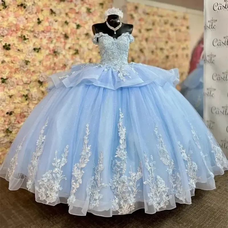 Небесно-голубое милое платье Quinceanera 16, с открытыми плечами, кружевное бальное платье с аппликацией и бусинами, платье принцессы для вечеринки, дня рождения, Vestidos 15 De