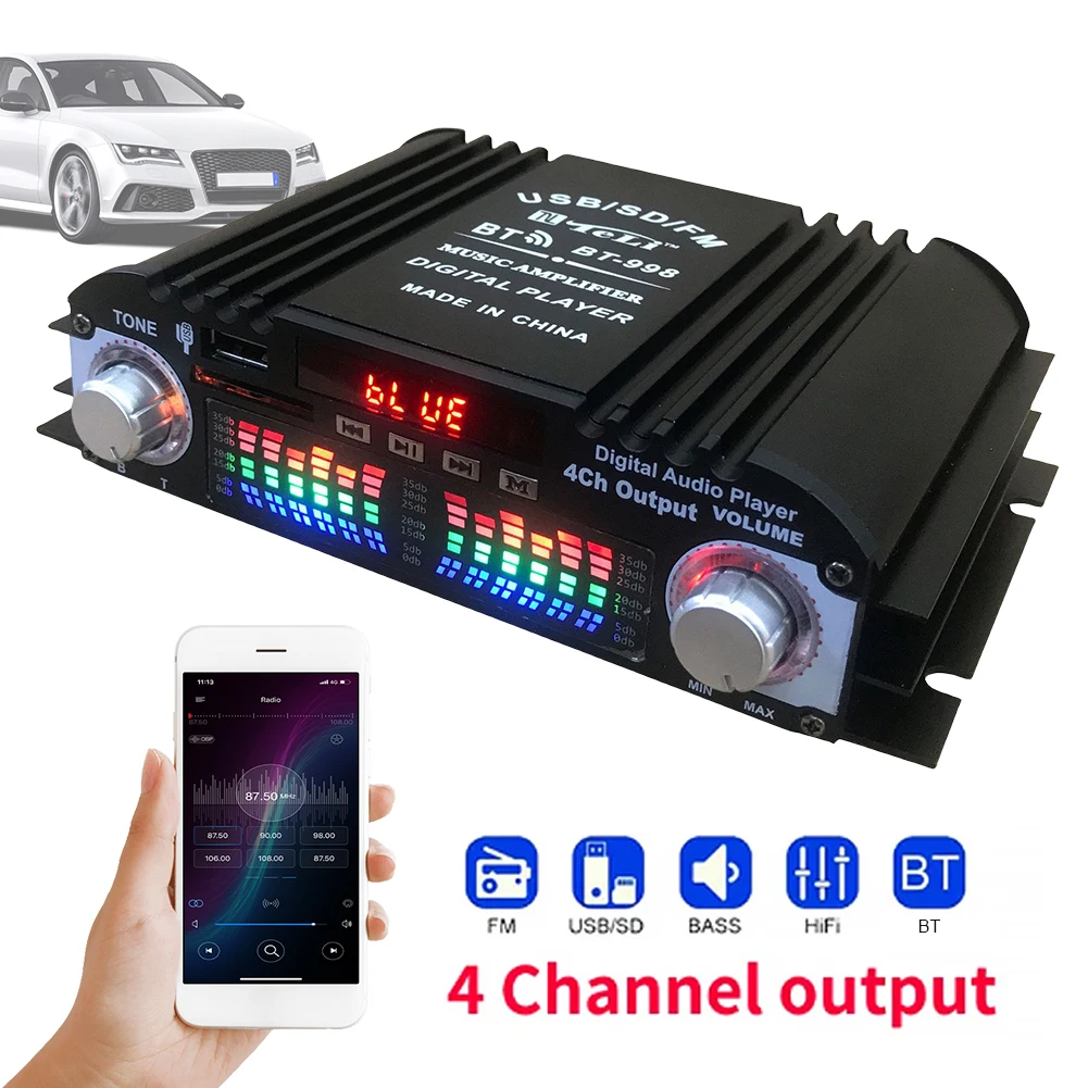 1600W Peak Power Digital 4 Channel Audio Amplifier FM Radio USB Bluetooth-Compatible Mini HIFI Digital Stereo Amp Remote Control