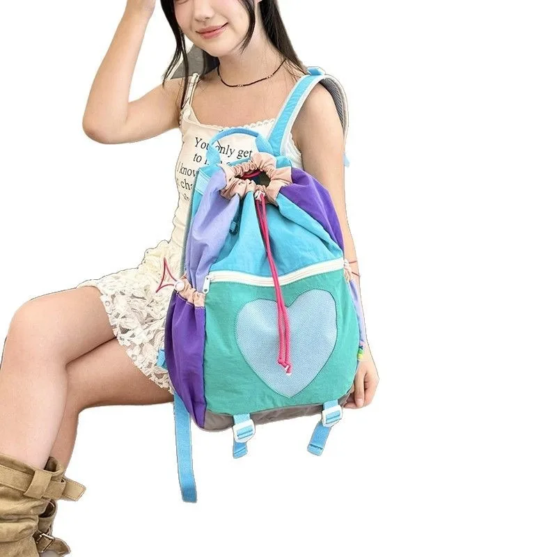 Large Capacity Korean And Japanese Style Ins Niche Foreign Trade Color-blocking Heart-shaped Hiking Bag Drawstring Backpack