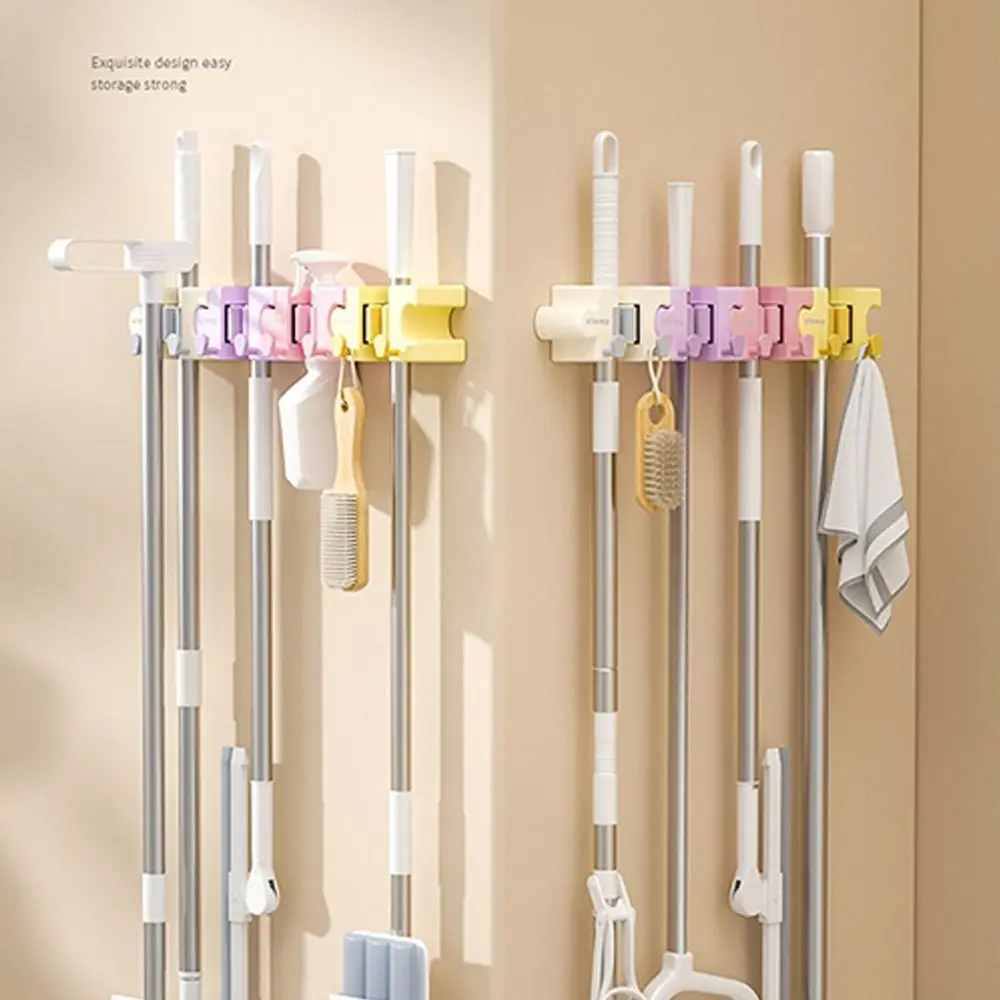 Portable Macaron Mop Holder Wall‑Mount Puzzle Splicing Mop Clip Self‑Adhesive with Hooks Broom Storage Clip for Kitchen Bathroom