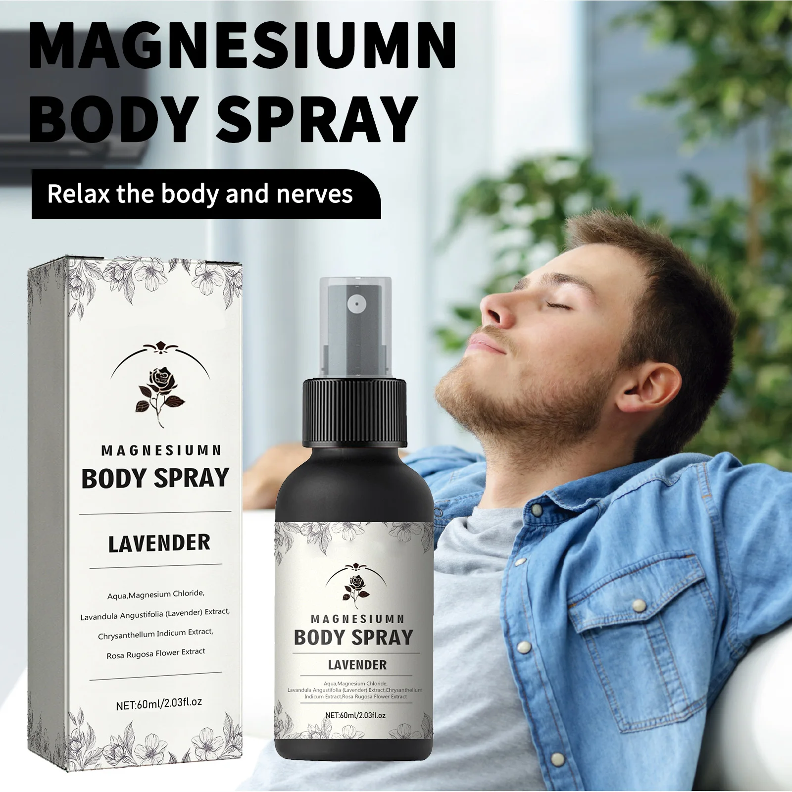 Magnesium Body Spray 60ml with Lavender Relax Muscles Improve Sleep, Natural Magnesium Chloride Flower Extracts, Fast Absorption
