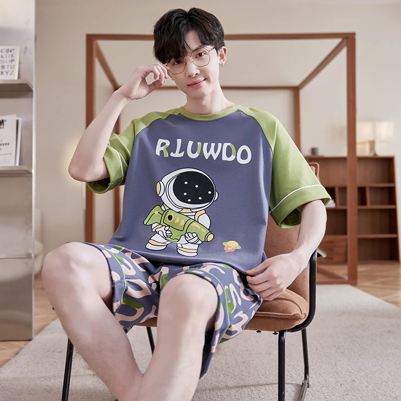 Summer Men's Pijama Sets Korean Loose Pyjama Suit Sleepwear Leisure wear Male Cartoon Astronaut Print Cotton Loungewear