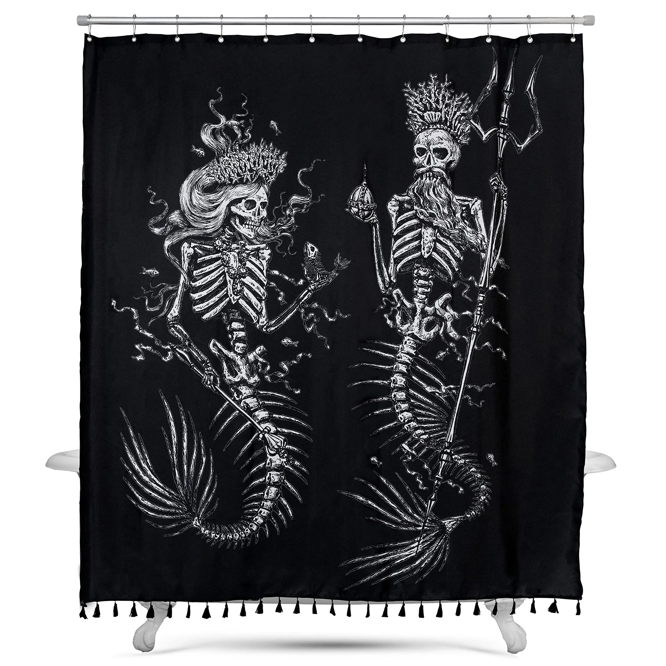 Skull Skeleton Moonlit Shower Curtain Gothic Black White Sugar Spooky Halloween Shower Curtains for Bathroom Bathtub Decor Set