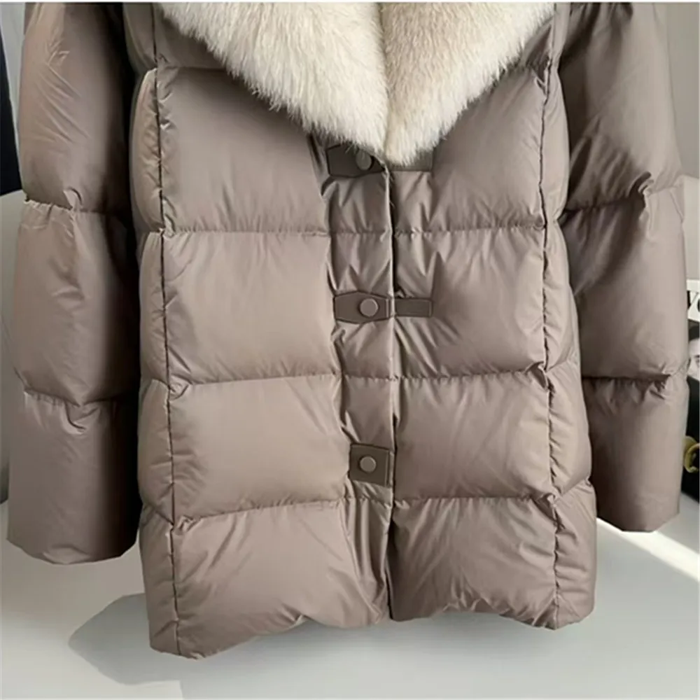 Piumini d\'anatra per donna, cappotto monopetto, giacca a vento con collo di pelliccia, impiombato, inverno, nuovo, 2024