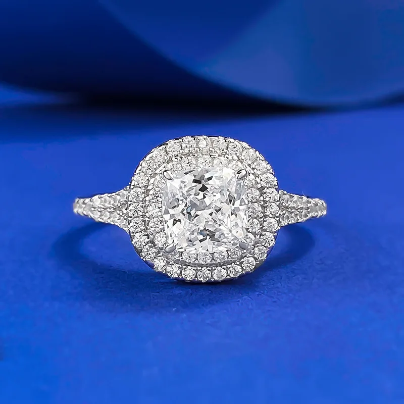 

S925 Silver 2024 New 1.2carat Small Rock Sugar Luxury Surrounding Pad Shape 6 * 6 White Diamond Ring