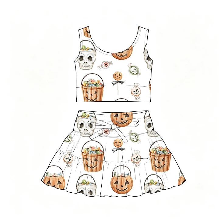 Halloween Hot-selling girls' outfit camisole top and pleated skirt set pumpkins and ghosts print custom