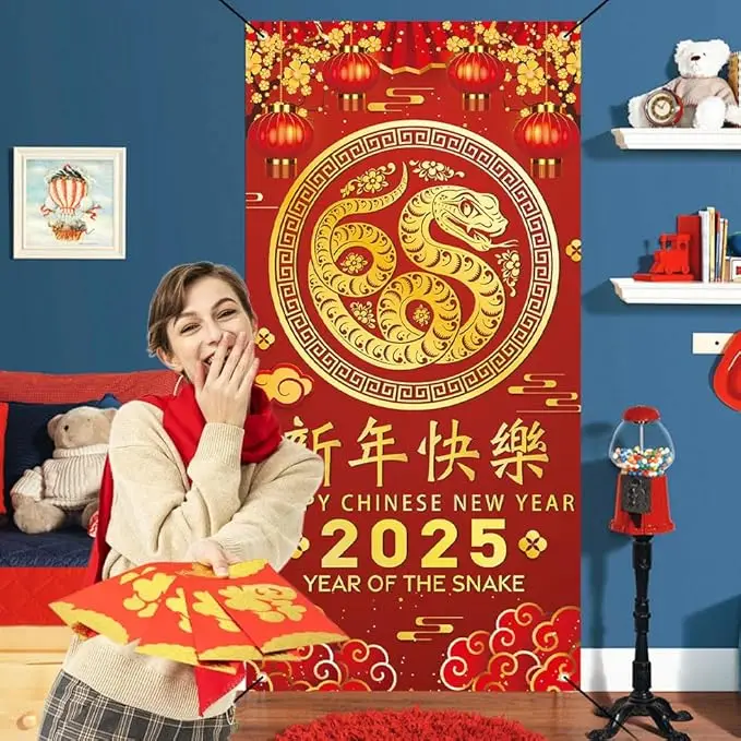 Chinese New Year door Cover 2025 Year of the Snake party decorated with red Happy Year of the Snake hanging door banners