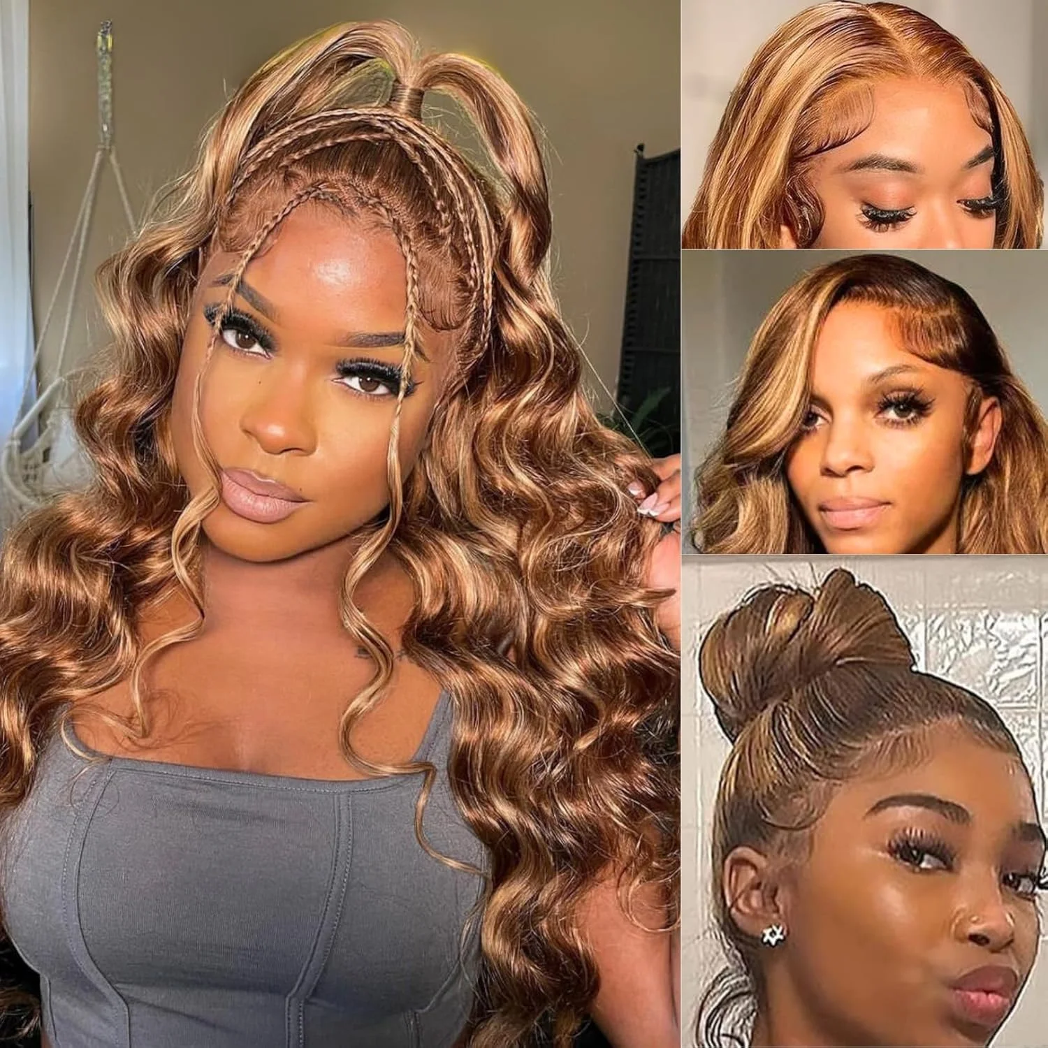 Pelucas de Cabello Humano con Ondas Corporales de Color P4/27, Peluca Frontal de Encaje HD 13x6, Reflejos Rubio Miel y Marrón Ombre, Pelucas Frontales de Encaje 13x4