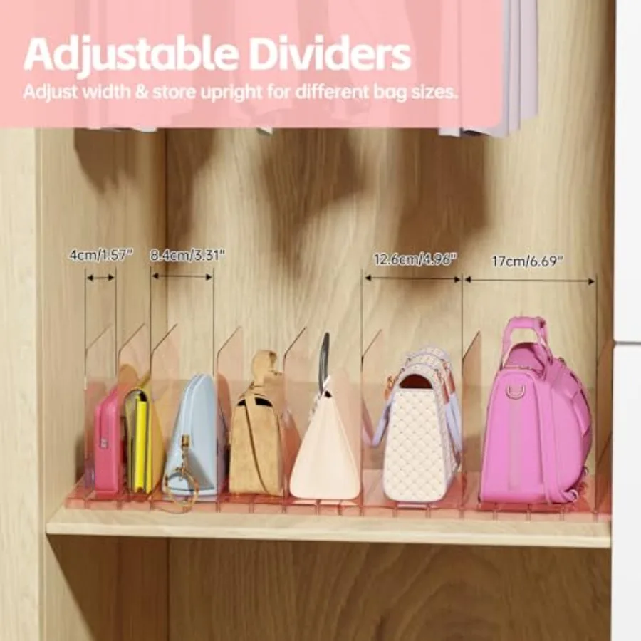 PAVSTINE 2 Pack Purse Organizer for Closet, Stackable Storage Shelf, Pink Adjustable Clear Shelf Dividers, Keep Clutch, Bag, Po view 3