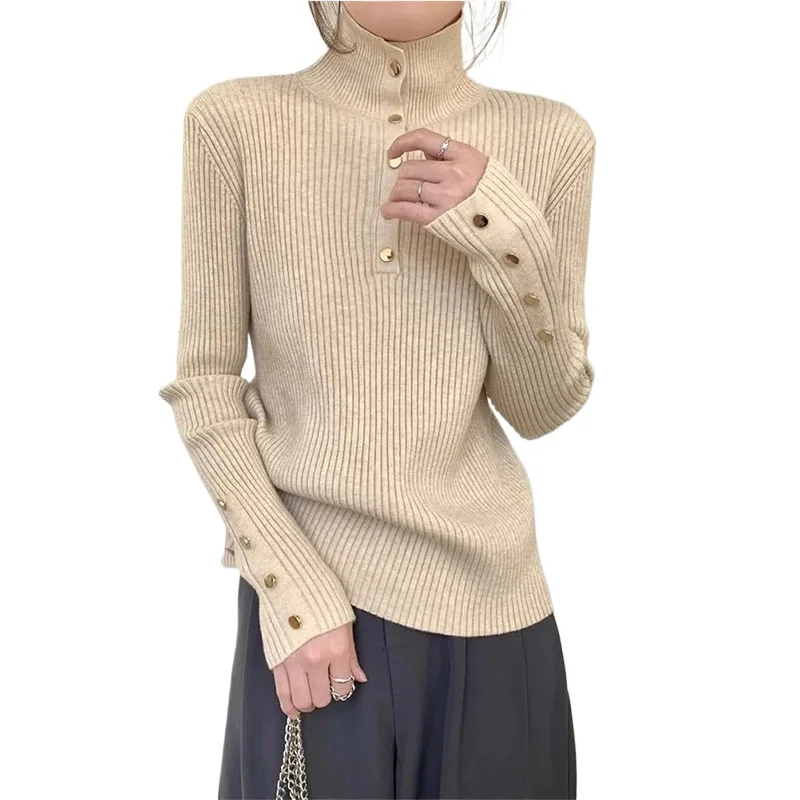 

Autumn Winter Striped Turtleneck Temperament Buttons With Knitted Sweater Inside Women's Design Chic And Women's Soft Sweater