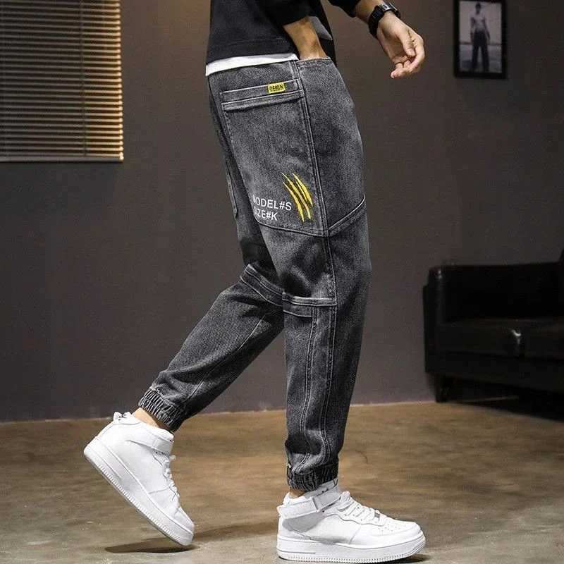 

Trousers with Print Man Cowboy Pants Cargo Harem Men's Jeans Black Denim Korean Style Designer Summer Fashion Spring Autumn 2024