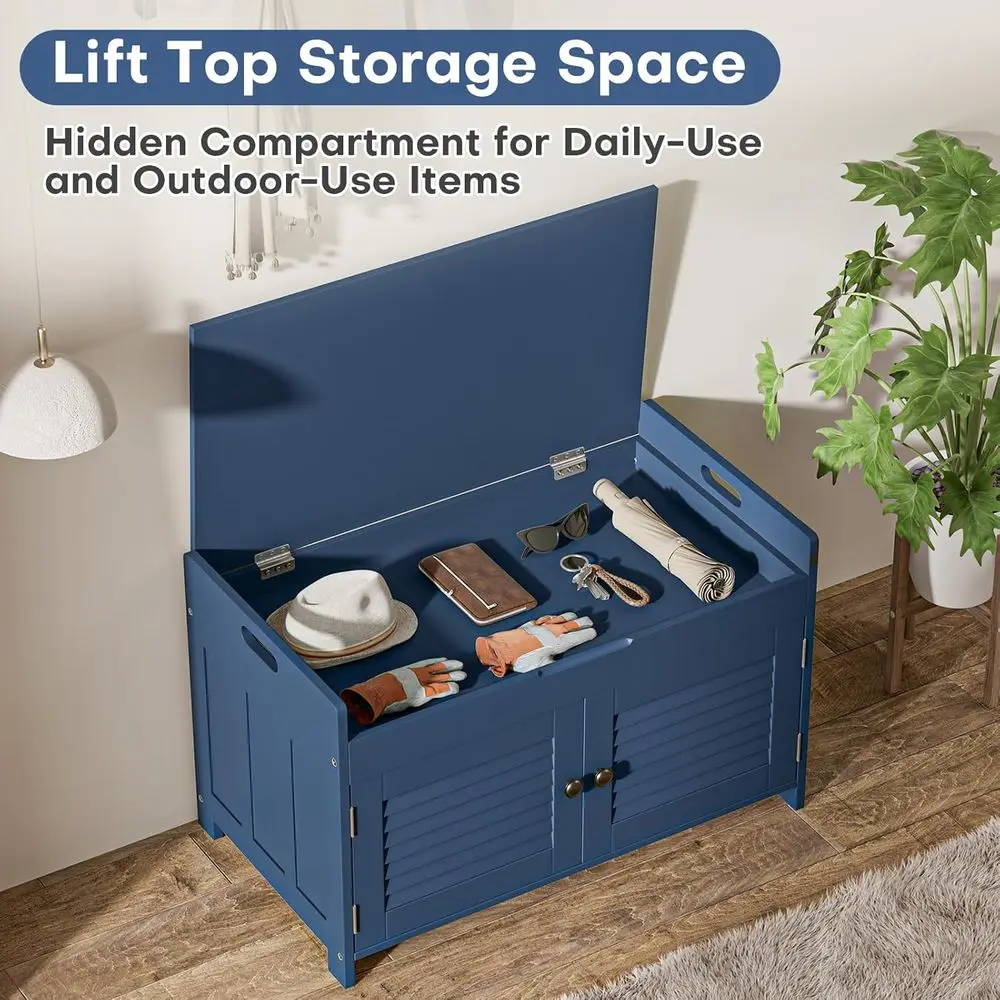 ชั้นวางรองเท้า 2 ชั้นสีน้ำเงิน พร้อมที่นั่งบุนวมและช่องเก็บของแบบยกได้ สำหรับทางเข้า ห้องนอน ห้องโถง และห้องเก็บของ