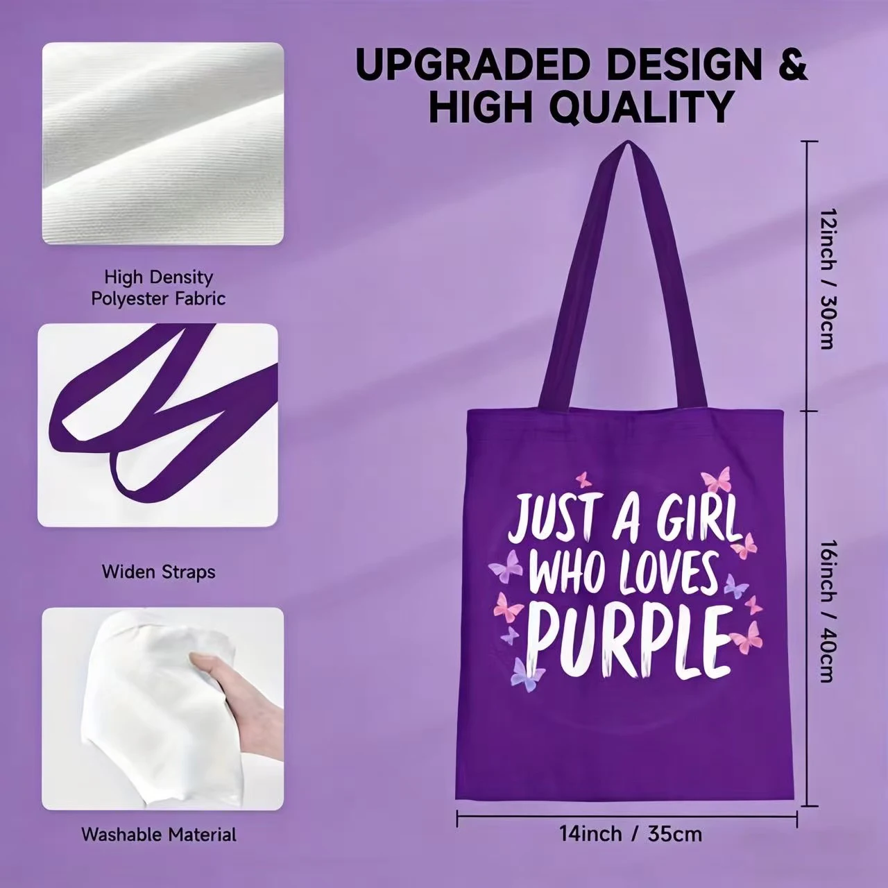1 Stück Canvas-Einkaufstasche mit Schmetterlingsdruck – leichte, wiederverwendbare Umhängetasche mit inspirierendem Zitat „Just a Girl Who Loves Purple“. – Detail 5