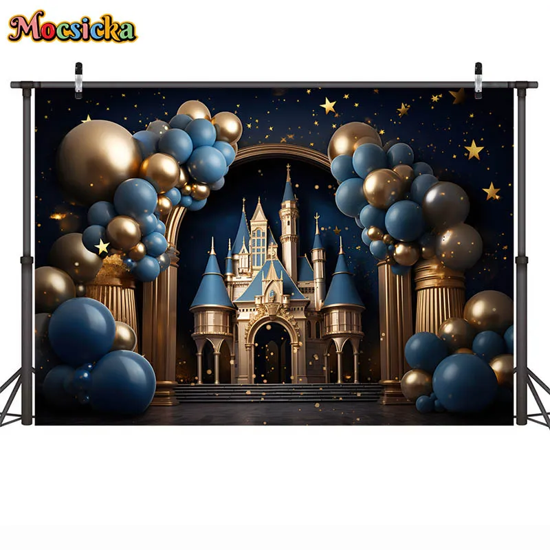 Photography Background Blue Royal Castle Fairy Tale Balloon Kids Cake Smash Backdrops Baby Shower Birthday Party Decor Photozone