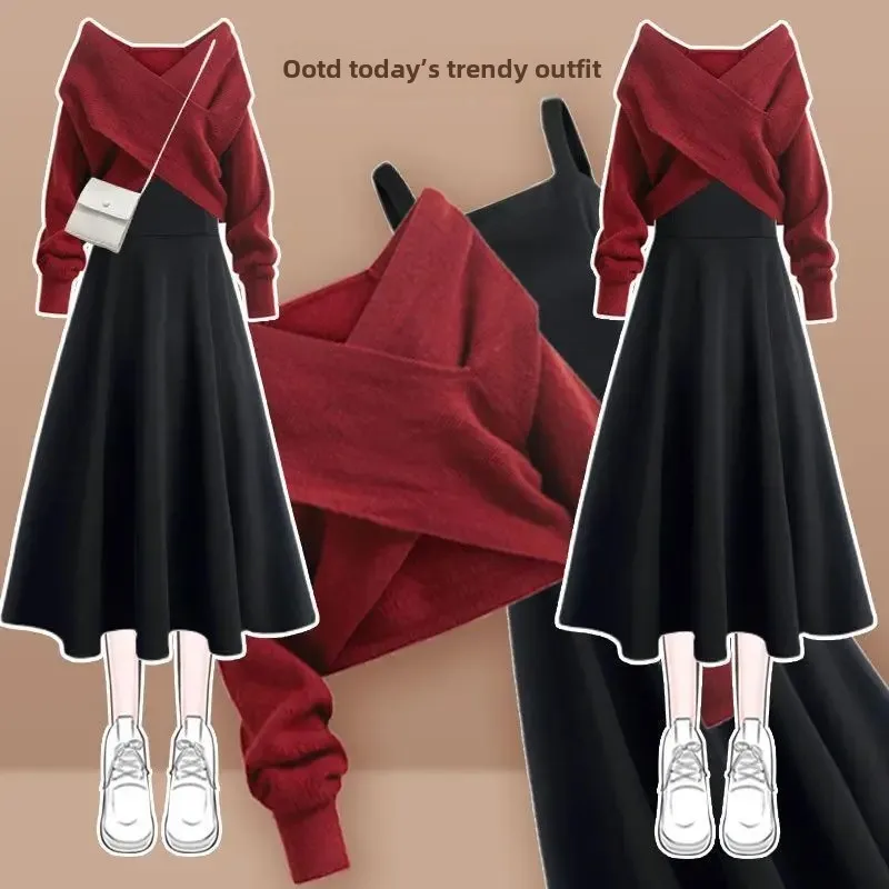 

New Style Autumn Winter Matching Suit Gentle Cross Sweater Slimming Versatile Dress 2-piece Set For Men And Women JJ443