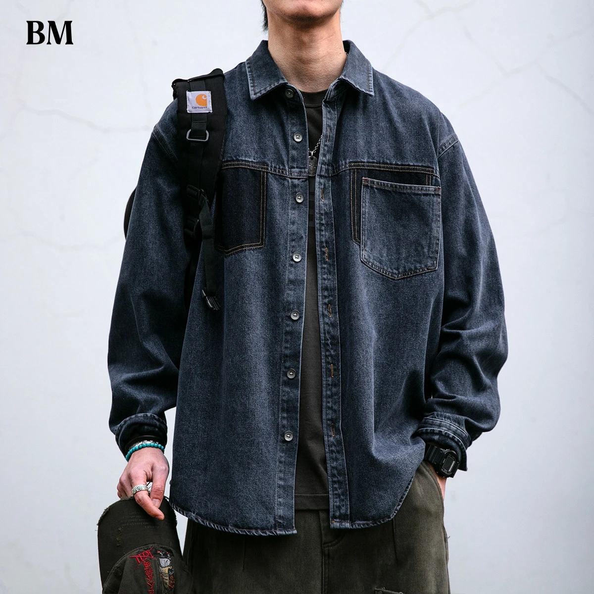 Mens High Quality Custom Weave Slub Deconstructed Patchwork Denim Shirt Trendy Distressed Wash Streetwear Casual Long Sleeve