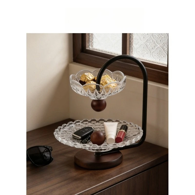 Double-layer glass storage rack, home living room coffee table fruit rack, light luxury exquisite shelf ornament