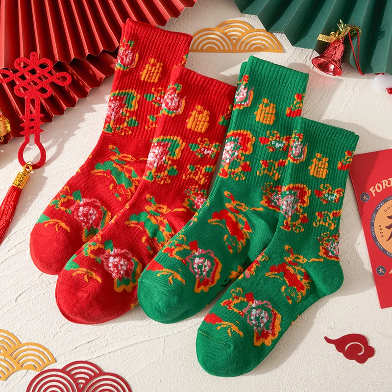 

Chinese Style Red Socks Women Flower Cotton Socks Female New Year Long Funny Socks Girls Home Calcetines Medias