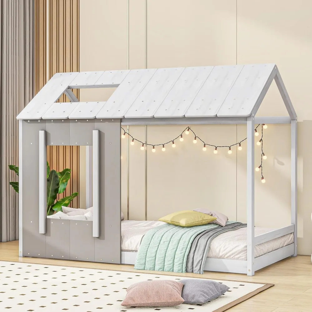 Twin House Bed Wood Kids Floor Frame Cottage Style