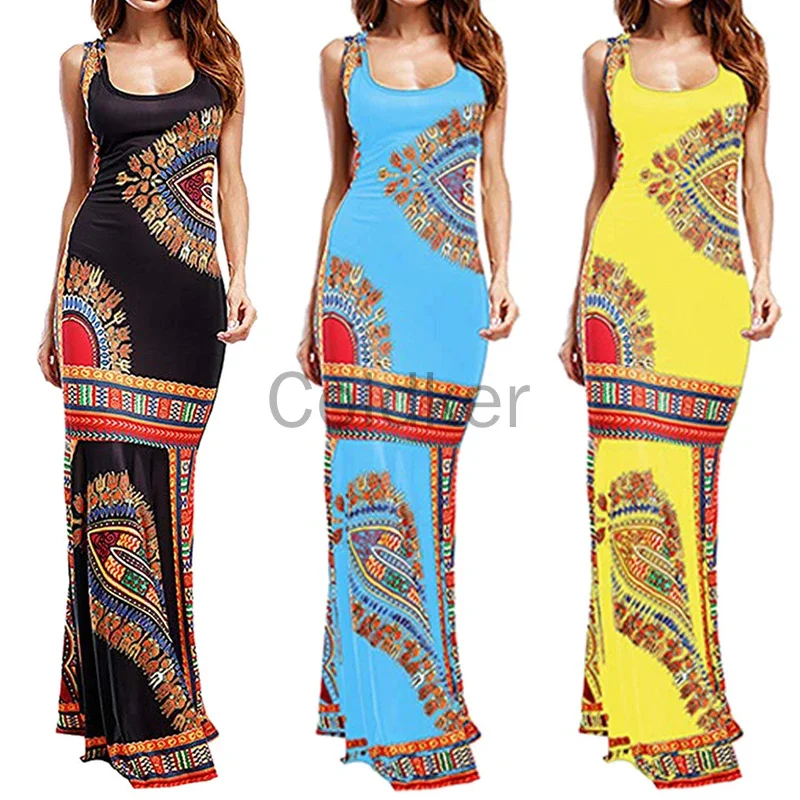 

Women's Boho Print U Neckline Sleeveless Maxi Dress, African Clothes, African Abayas Clothing, Sexy Party Dress