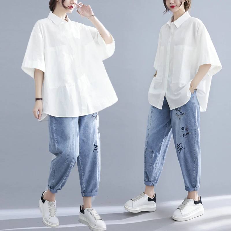 

plus Size Women's Summer Short Sleeve Shirt Fashionable Versatile Meat Concealing Slimming Top Collar Regular Fit