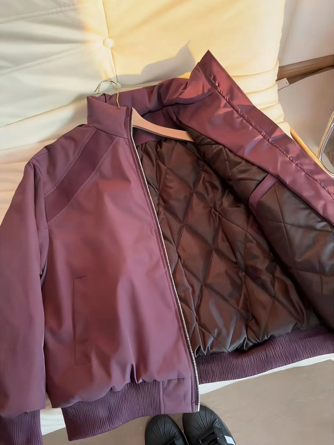 

Thiened ort Cotton Flight Jaet for Men Purple Plum Winter Warm Stand Collar Baseball Sle Zipper Closure Casual Coat