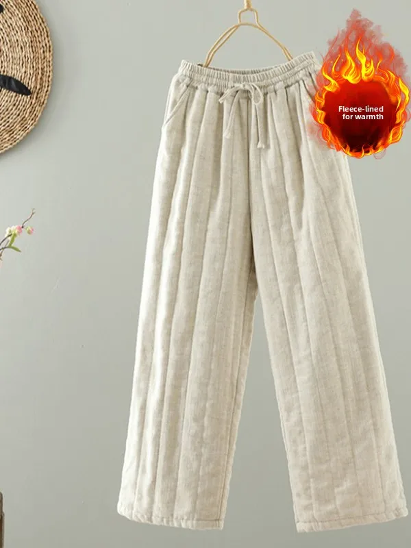 Winter New Faionable Cotton-Lined Linen Pants Warm Straight Leg Dstring Casual Trousers for plus Size Women