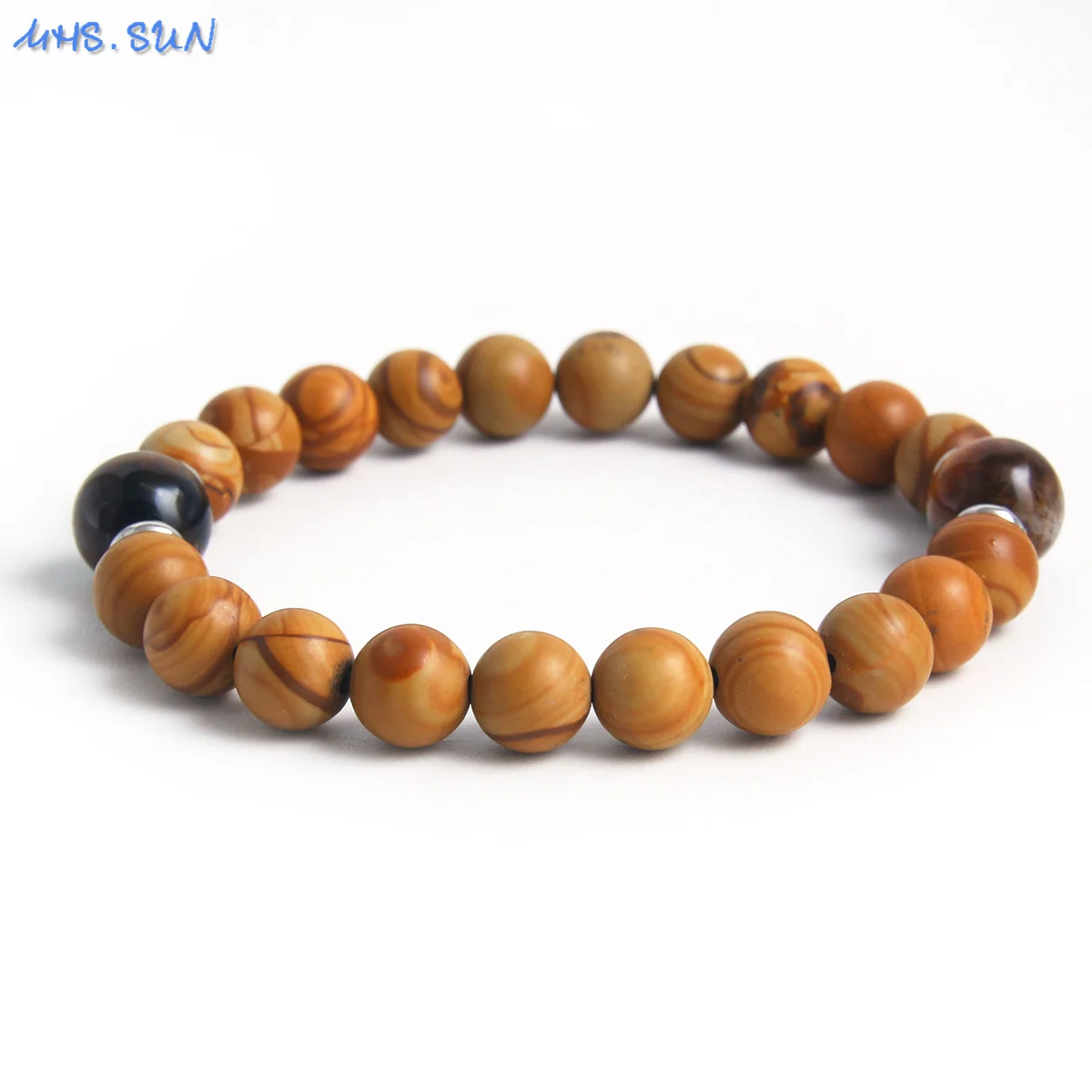 MHS.SUN Natural Stone Round 8MM Beads Smooth Brown Wood Grain Loose Beads For Women Men Elastic Yoga Jewelry Accessories 1PC