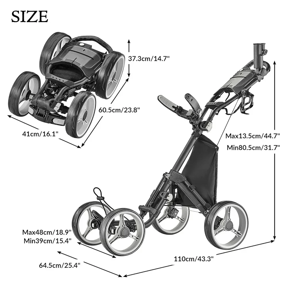 Factory Price Golf  4 Wheels Golf Trolley Cart Folding Golf Push Trolley With Umbrella Holder