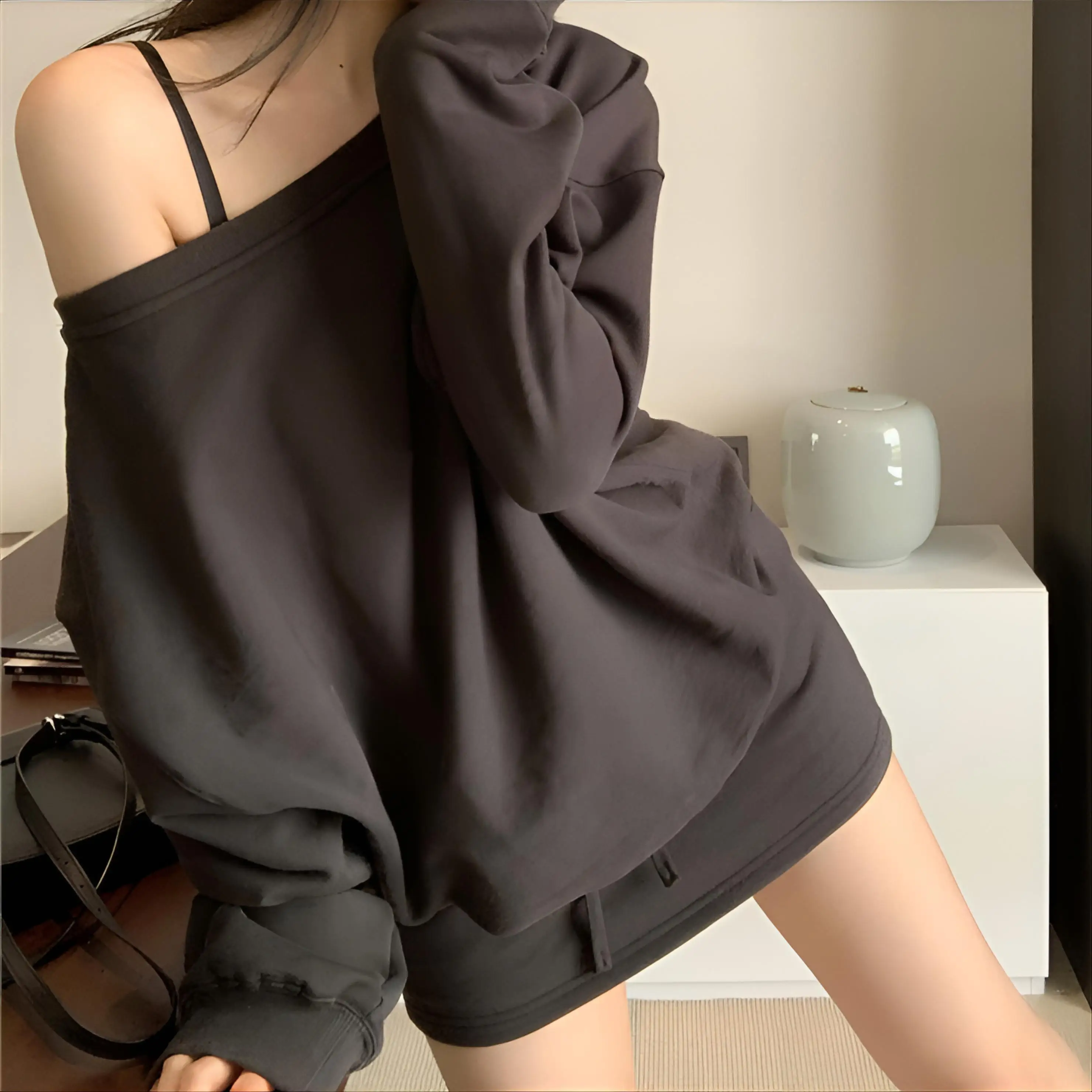 

Махровый свитшот без шляпы, женские новые одинаковые комплекты, летние тонкие эластичные круглые вырезы, Harajuku Kawaii, унисекс, универсальные, нерегулярные, GF